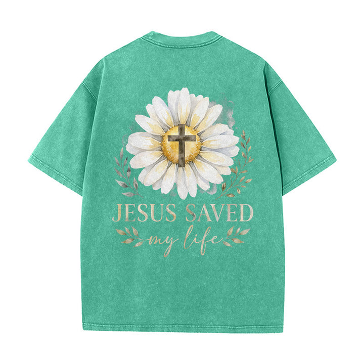 Christianartworkshop Jesus Saved My Life Watercolor Daisy Cross Front And Back Print Washed T-Shirt - image 13