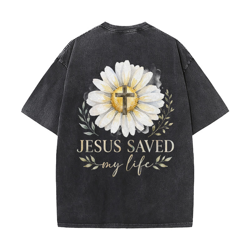 Christianartworkshop Jesus Saved My Life Watercolor Daisy Cross Front And Back Print Washed T-Shirt - image 1