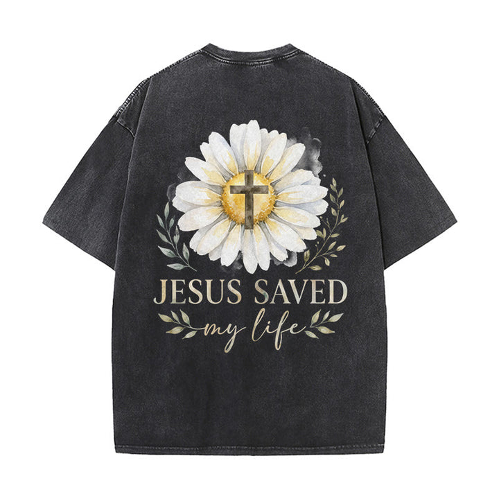 Christianartworkshop Jesus Saved My Life Watercolor Daisy Cross Front And Back Print Washed T-Shirt - image 1
