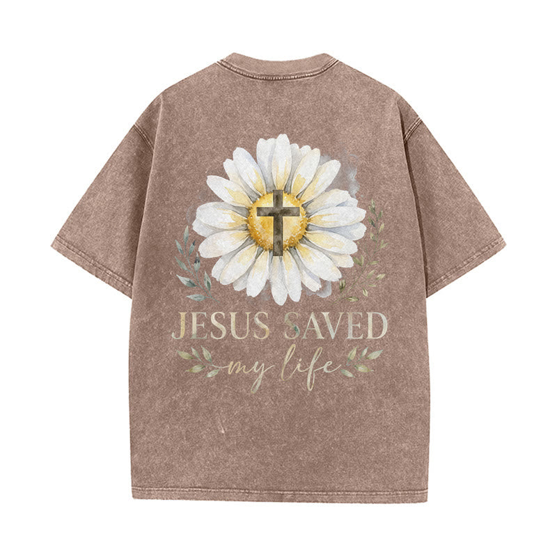 Christianartworkshop Jesus Saved My Life Watercolor Daisy Cross Front And Back Print Washed T-Shirt - image 4