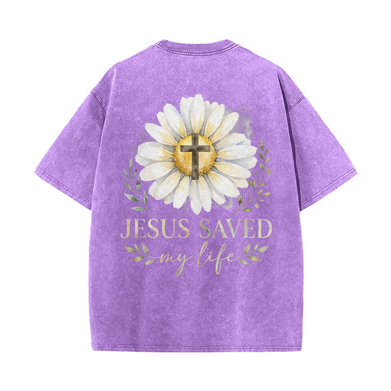 Christianartworkshop Jesus Saved My Life Watercolor Daisy Cross Front And Back Print Washed T-Shirt - image 19