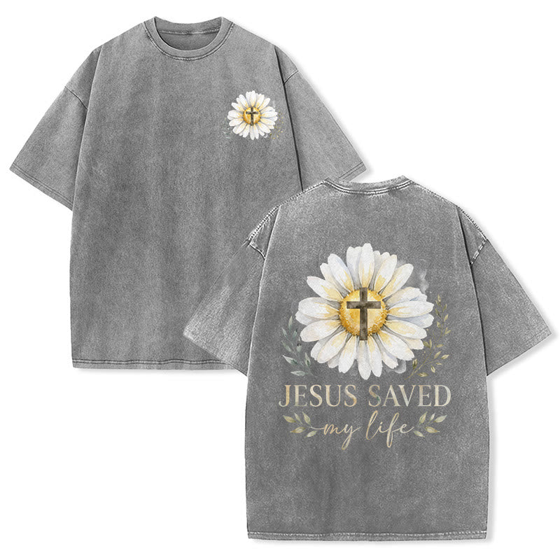 Christianartworkshop Jesus Saved My Life Watercolor Daisy Cross Front And Back Print Washed T-Shirt - Grey - 5XL - image 24