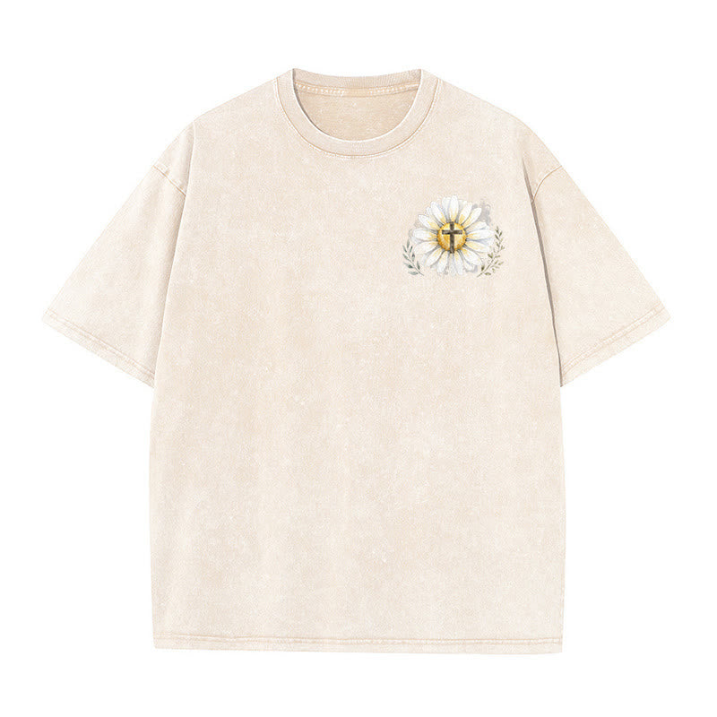 Christianartworkshop Jesus Saved My Life Watercolor Daisy Cross Front And Back Print Washed T-Shirt - image 8