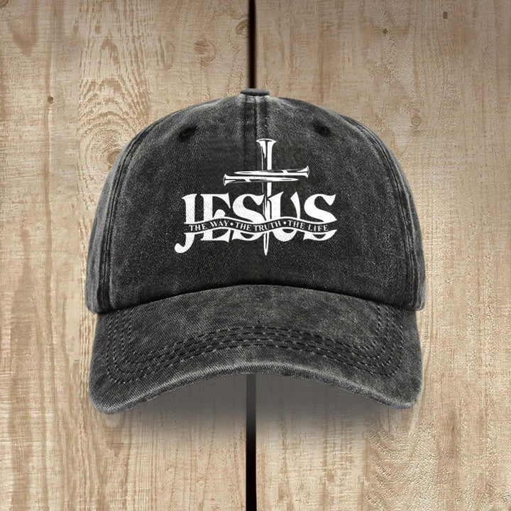 Christianartworkshop Jesus The Way The Truth The Life Nails Cross Embroidered Washed Baseball Cap - Black - image 0