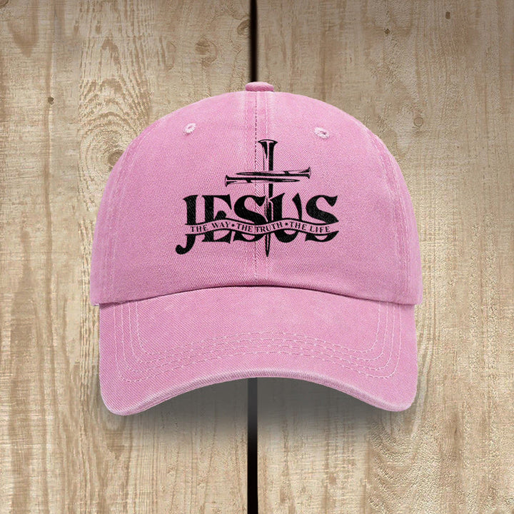Christianartworkshop Jesus The Way The Truth The Life Nails Cross Embroidered Washed Baseball Cap - Pink - image 6