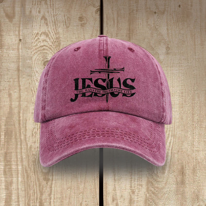 Christianartworkshop Jesus The Way The Truth The Life Nails Cross Embroidered Washed Baseball Cap - Wine Red - image 11