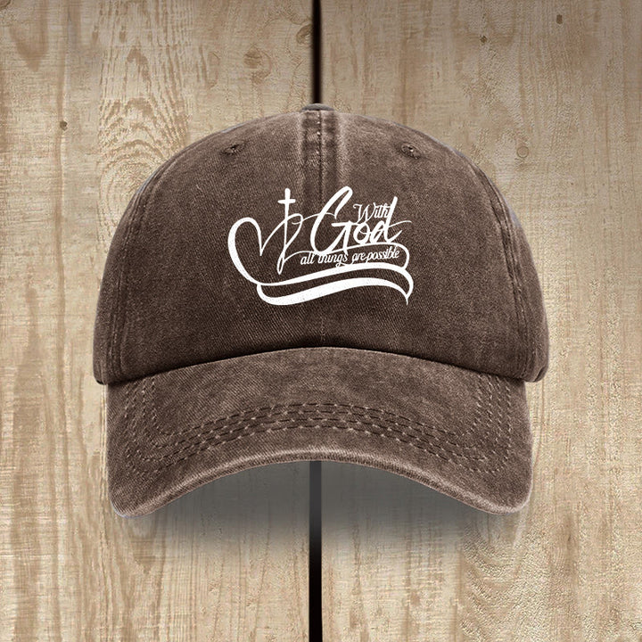 Christianartworkshop With God All Things Are Possible Heart Cross Script Washed Baseball Cap - Coffee - image 15