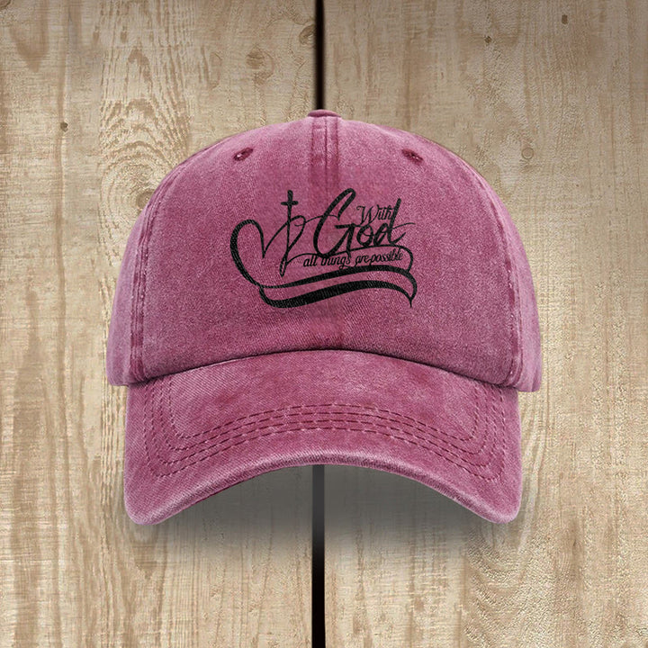 Christianartworkshop With God All Things Are Possible Heart Cross Script Washed Baseball Cap - Wine Red - image 12