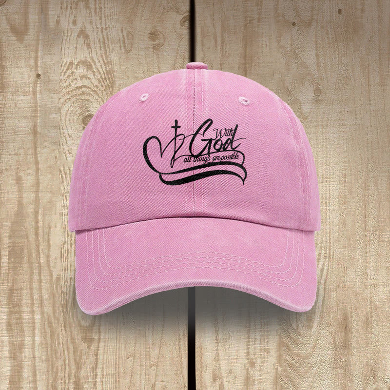 Christianartworkshop With God All Things Are Possible Heart Cross Script Washed Baseball Cap - Pink - image 7