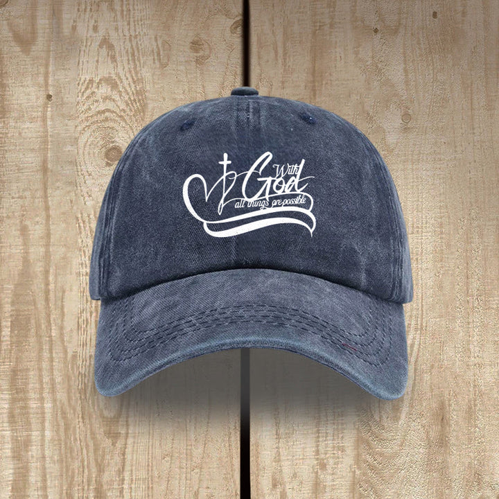 Christianartworkshop With God All Things Are Possible Heart Cross Script Washed Baseball Cap - Navy Blue - image 6