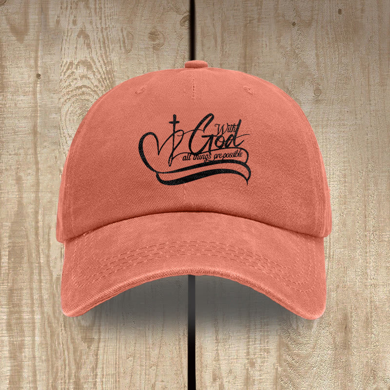 Christianartworkshop With God All Things Are Possible Heart Cross Script Washed Baseball Cap - Orange - image 13