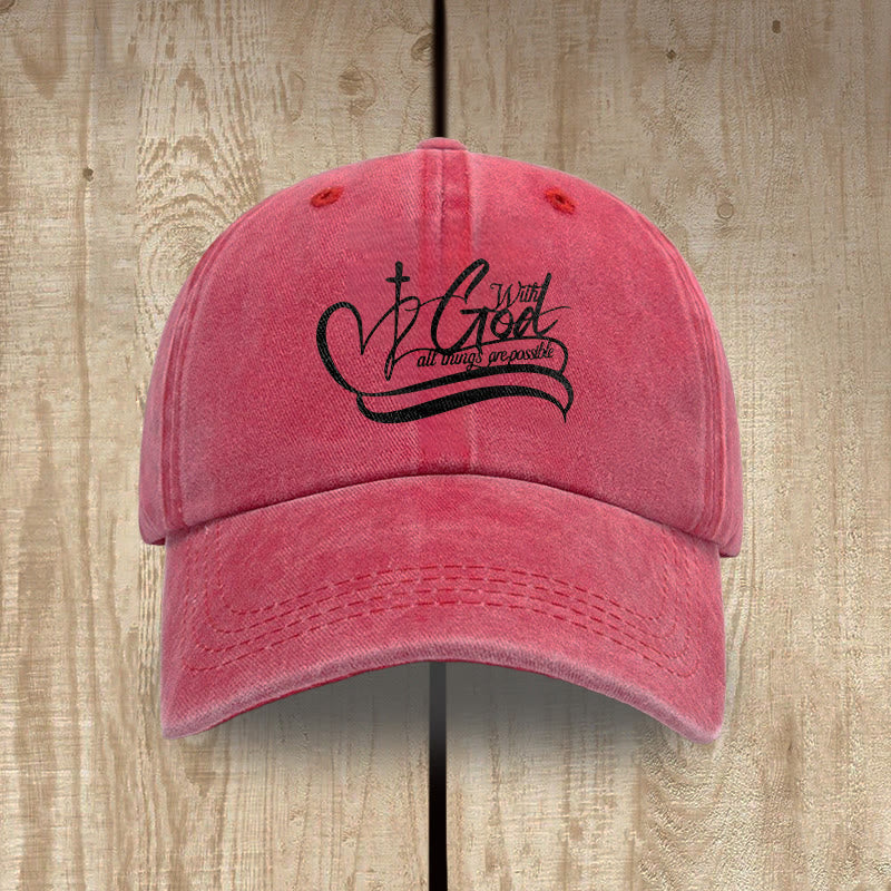 Christianartworkshop With God All Things Are Possible Heart Cross Script Washed Baseball Cap - Red - image 8