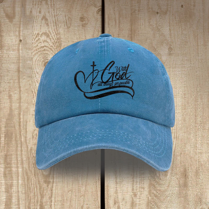 Christianartworkshop With God All Things Are Possible Heart Cross Script Washed Baseball Cap - Blue - image 9