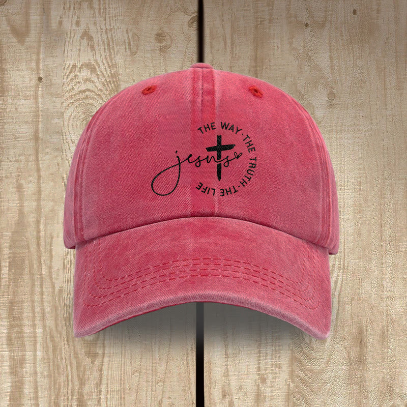 Christianartworkshop Jesus The Way The Truth The Life Cross Circle Script Washed Baseball Cap - Red - image 7