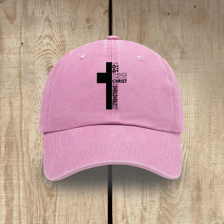 Christianartworkshop I Can Do All Things Through Christ Cross Shaped Scripture Washed Baseball Cap - Pink - image 6