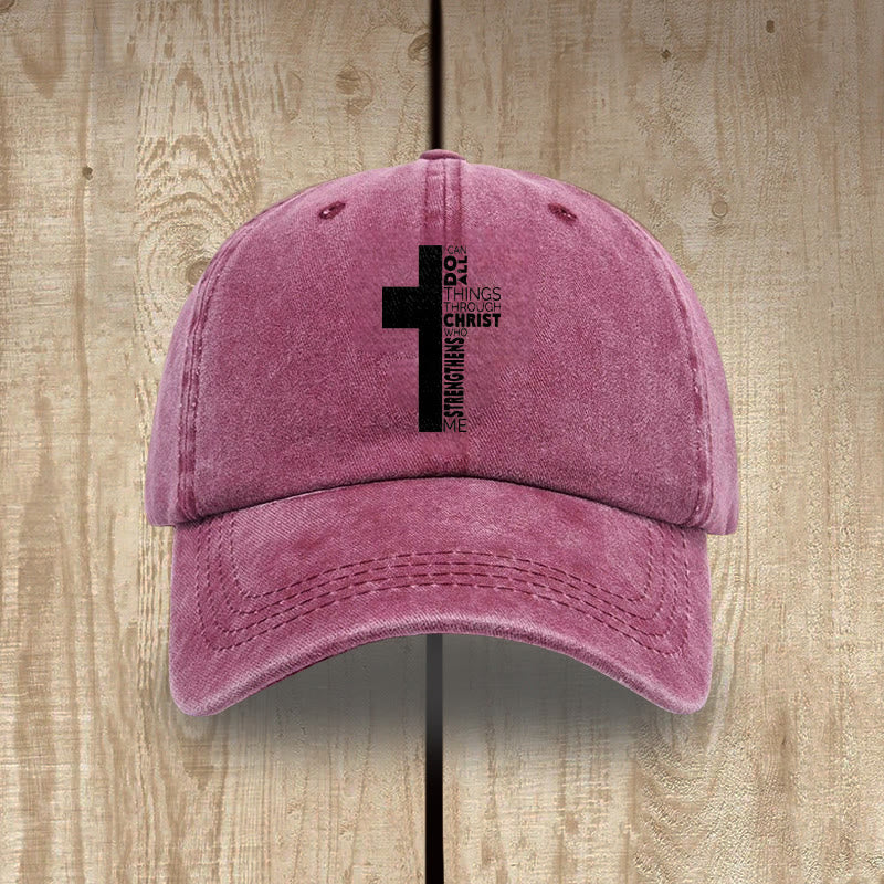 Christianartworkshop I Can Do All Things Through Christ Cross Shaped Scripture Washed Baseball Cap - Wine Red - image 11