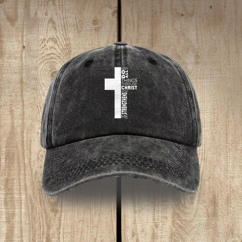 Christianartworkshop I Can Do All Things Through Christ Cross Shaped Scripture Washed Baseball Cap - Black - image 0