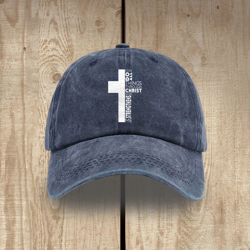 Christianartworkshop I Can Do All Things Through Christ Cross Shaped Scripture Washed Baseball Cap - Navy Blue - image 5
