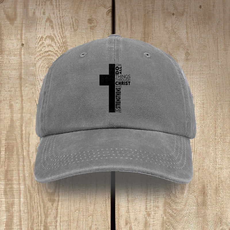 Christianartworkshop I Can Do All Things Through Christ Cross Shaped Scripture Washed Baseball Cap - Gray - image 10