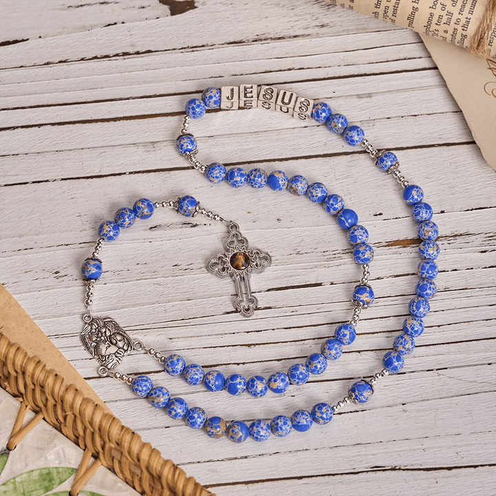 Christianartworkshop Regal Blue Emperor Stone Rosary with Holy Family & Divine Mercy Cross - JESUS - image 0