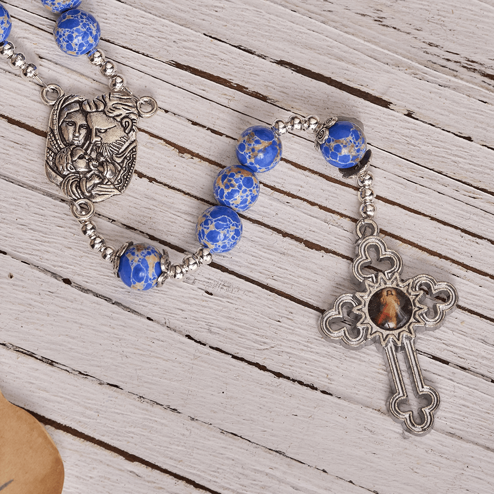 Christianartworkshop Regal Blue Emperor Stone Rosary with Holy Family & Divine Mercy Cross - image 6