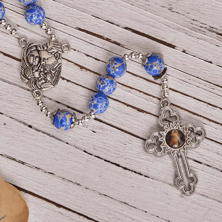 Christianartworkshop Regal Blue Emperor Stone Rosary with Holy Family & Divine Mercy Cross - image 6