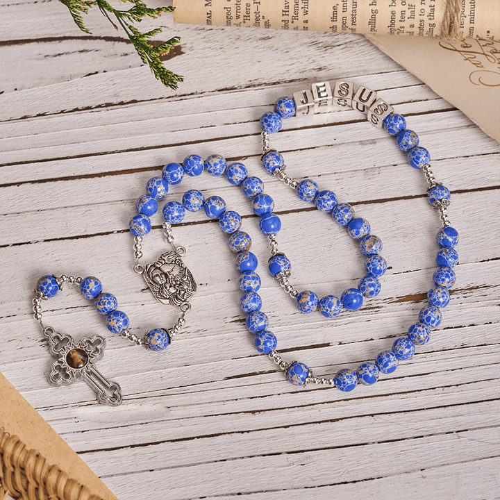Christianartworkshop Regal Blue Emperor Stone Rosary with Holy Family & Divine Mercy Cross - image 2