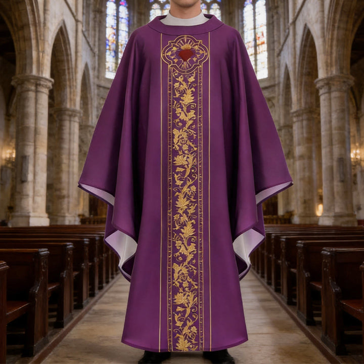 Christianartworkshop Chasuble With Sacred Heart Crest And Floral Vine Graphic Chasuble - Purple - One Size FIts Most - image 9
