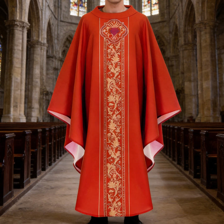 Christianartworkshop Chasuble With Sacred Heart Crest And Floral Vine Graphic Chasuble - Red - One Size FIts Most - image 3