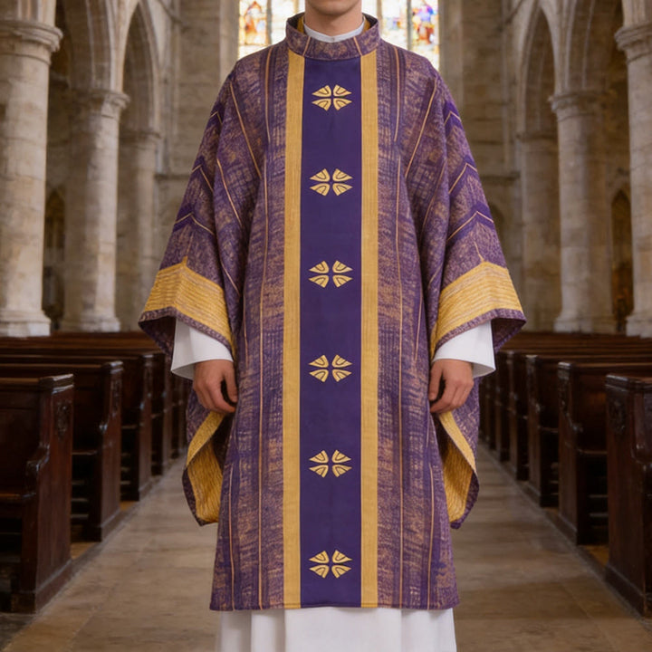 Christianartworkshop Traditional Clergy Chasuble With Central Panel And Floral Motifs Chasuble - Purple - One Size FIts Most - image 0