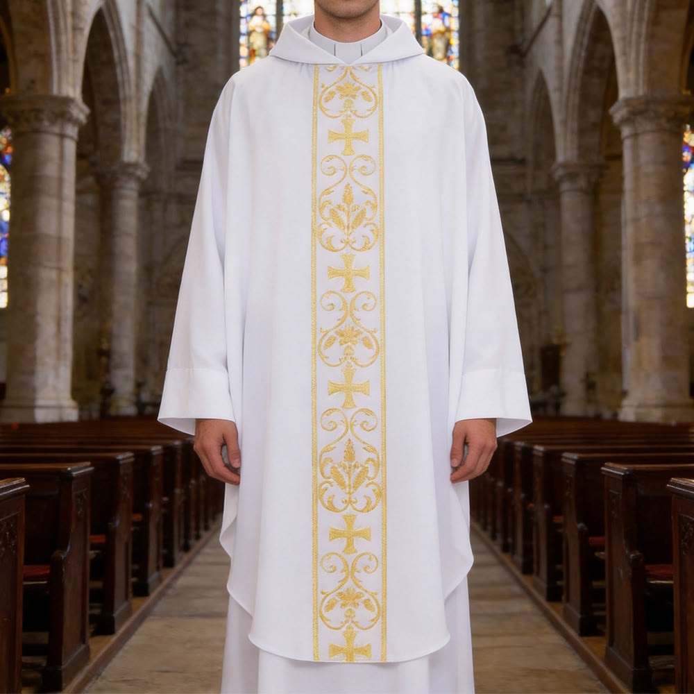 Christianartworkshop Elegant Chasuble With Central Cross, Floral Vine And Wheat Chasuble - White - One Size FIts Most - image 0