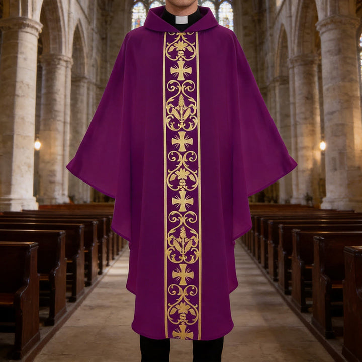 Christianartworkshop Elegant Chasuble With Central Cross, Floral Vine And Wheat Embroidery Chasuble - Purple - One Size FIts Most - image 13