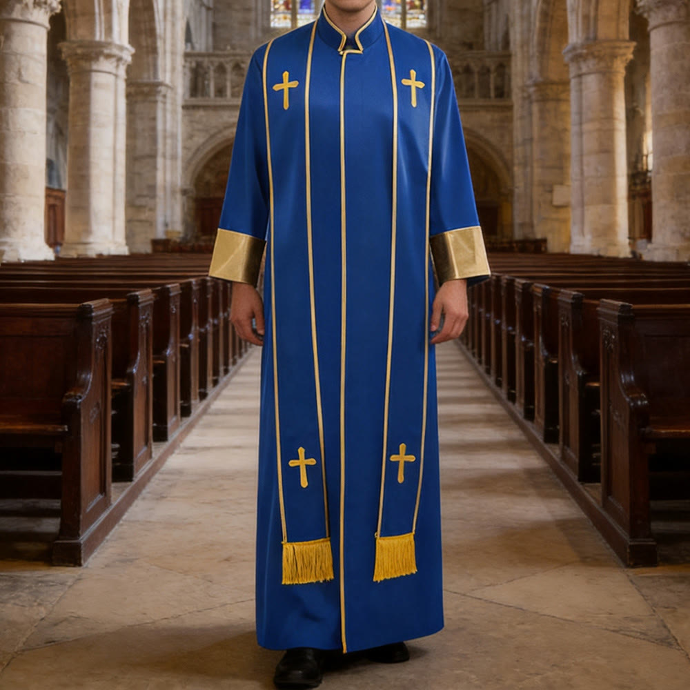 Christianartworkshop Traditional Pastor Robe With Vertical Cross Accents And Sleeve Trim Clergy Robe - Blue - 3XL - image 12