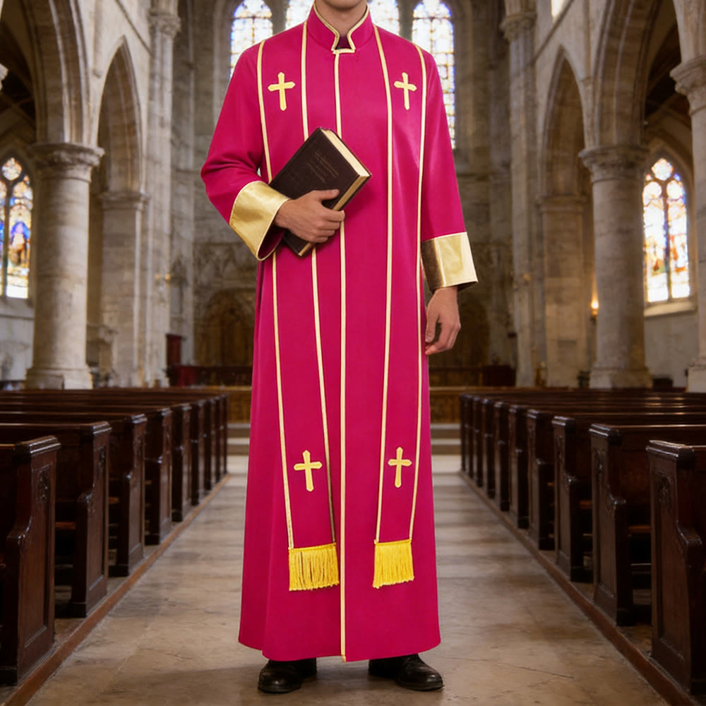 Christianartworkshop Traditional Pastor Robe With Vertical Cross Accents And Sleeve Trim Clergy Robe - Rose - 3XL - image 9