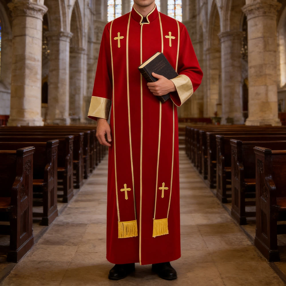 Christianartworkshop Traditional Pastor Robe With Vertical Cross Accents And Sleeve Trim Clergy Robe - Red - 3XL - image 0