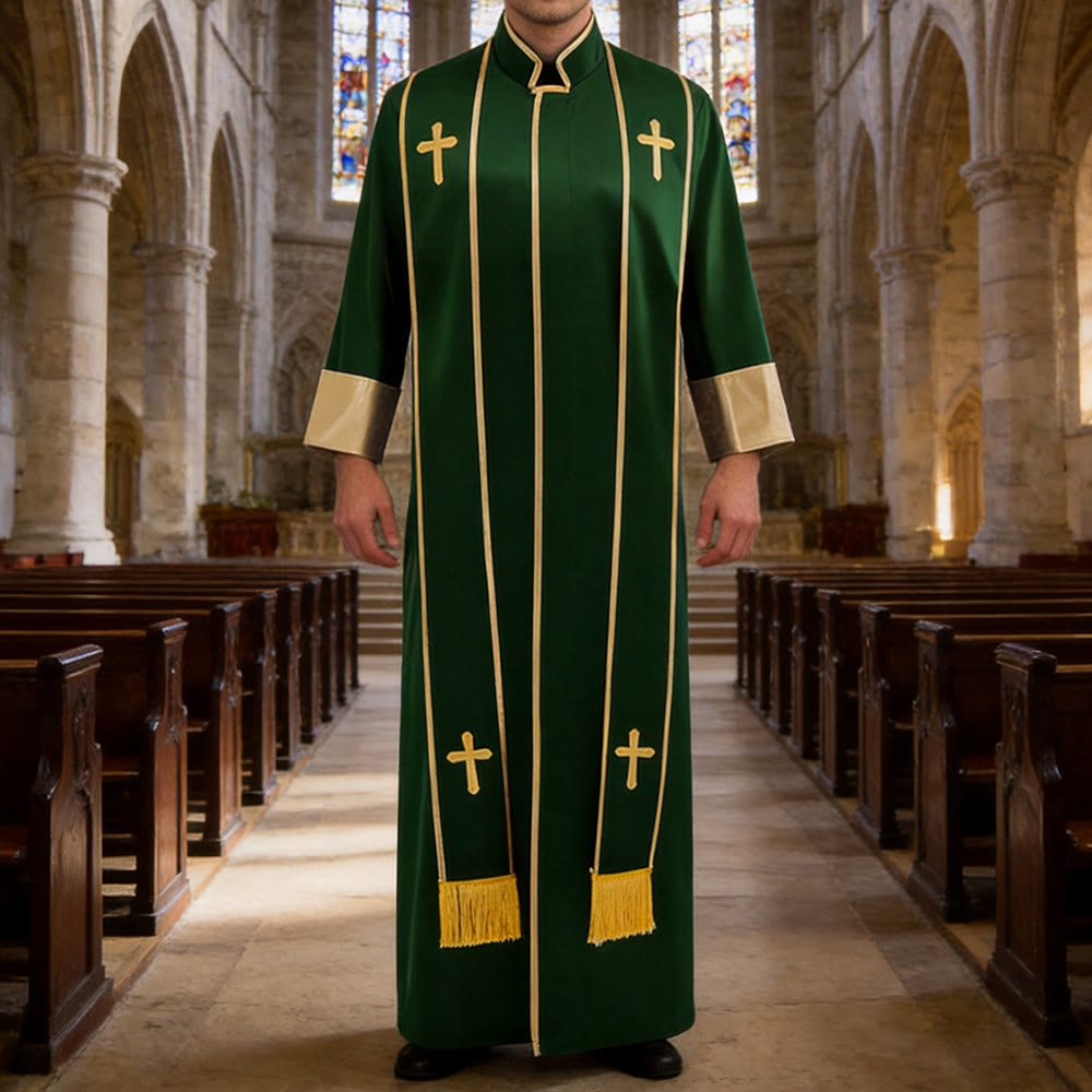Christianartworkshop Traditional Pastor Robe With Vertical Cross Accents And Sleeve Trim Clergy Robe - Green - 3XL - image 3