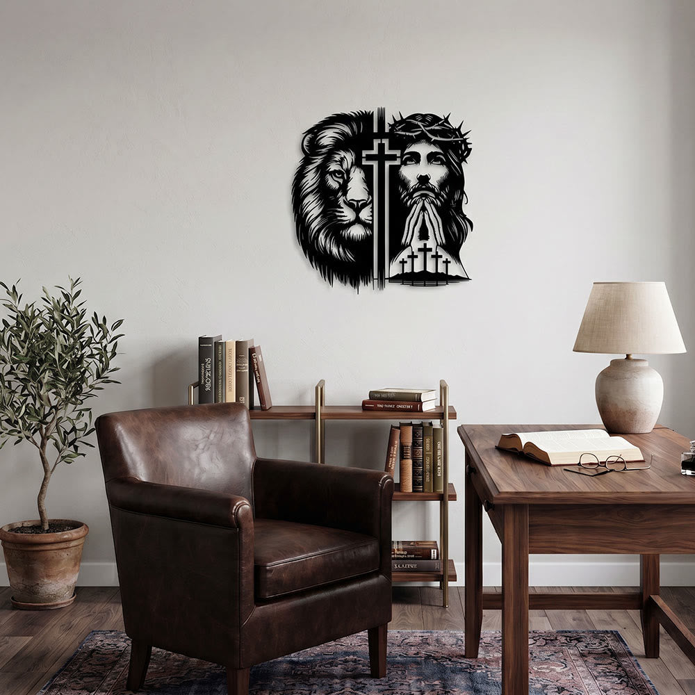 Christianartworkshop Lion Of Judah And Jesus With Crown Of Thorns Split Silhouette Metal Wall Decor - image 1