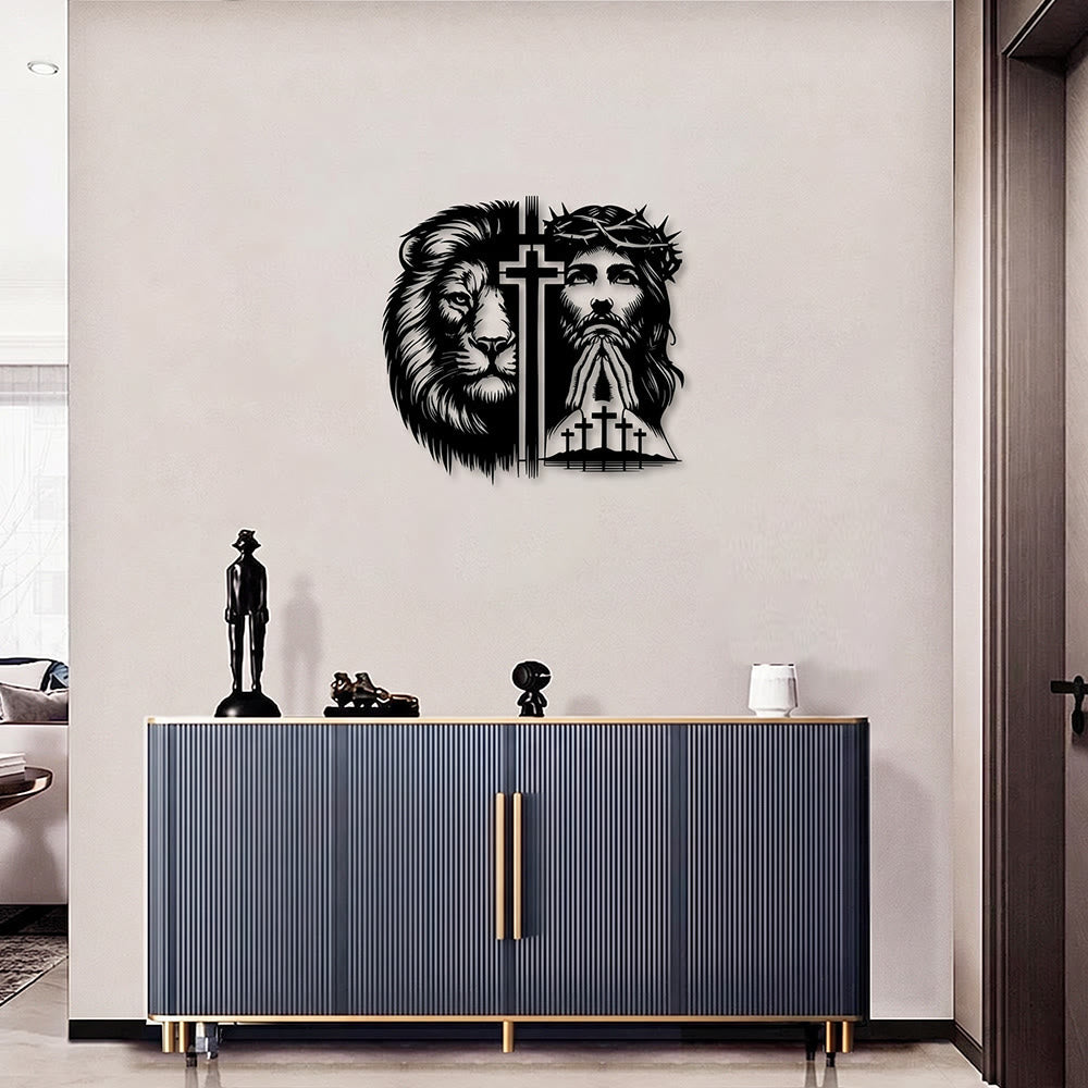 Christianartworkshop Lion Of Judah And Jesus With Crown Of Thorns Split Silhouette Metal Wall Decor - image 0