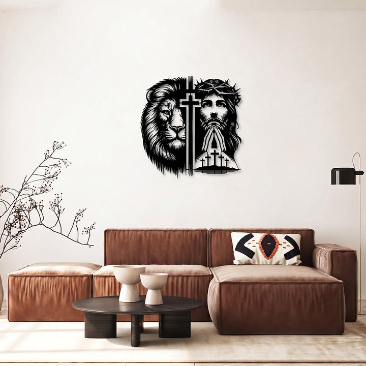 Christianartworkshop Lion Of Judah And Jesus With Crown Of Thorns Split Silhouette Metal Wall Decor - image 3