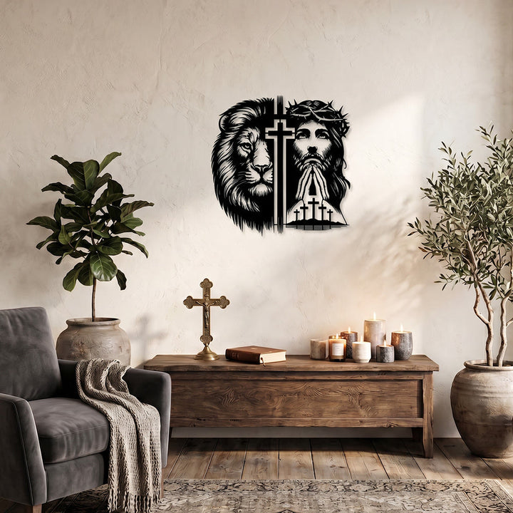 Christianartworkshop Lion Of Judah And Jesus With Crown Of Thorns Split Silhouette Metal Wall Decor - image 2
