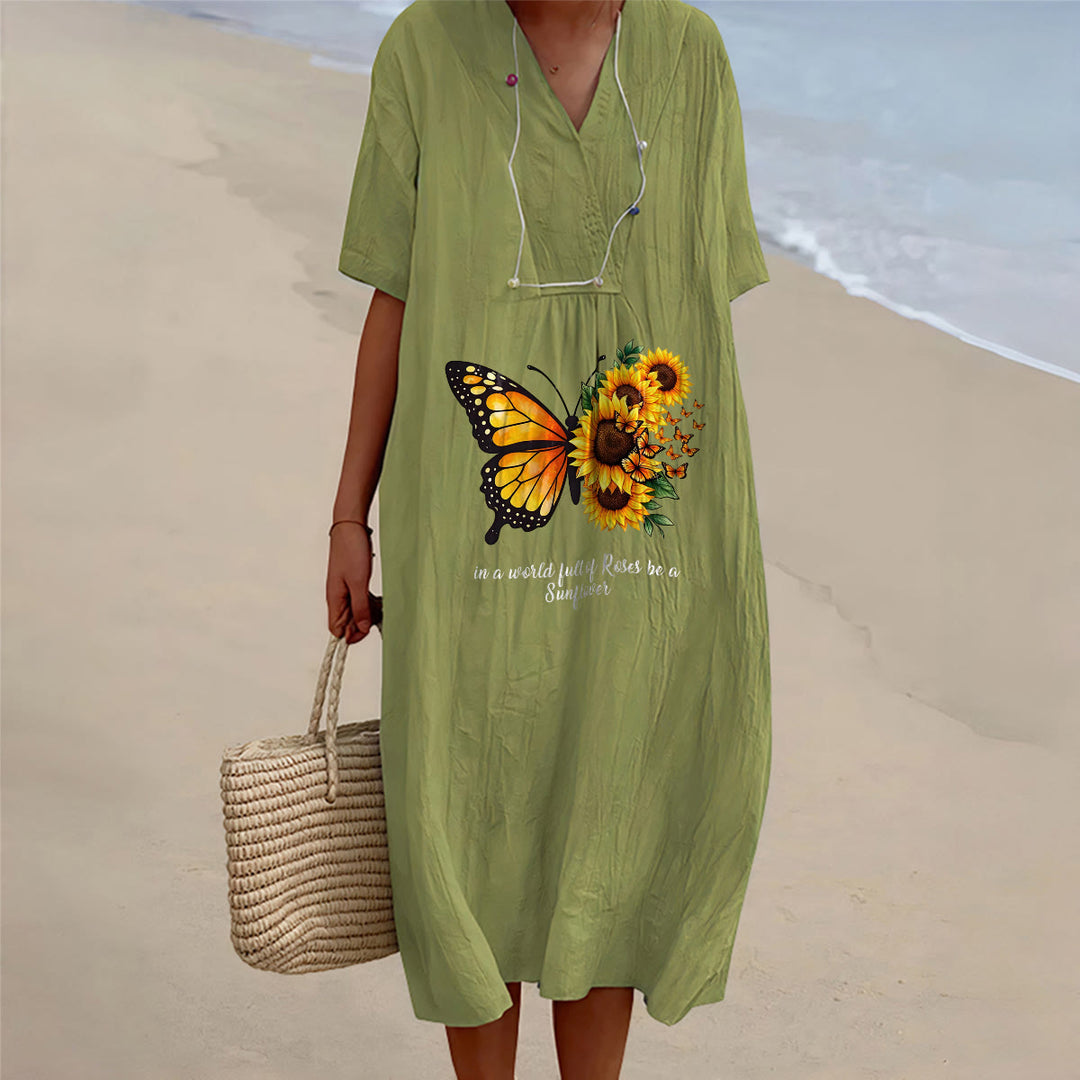 Christianartworkshop Butterfly & Sunflower Inspirational Quote V-Neck Short Sleeve Midi Dress - Olive Green - 4XL - image 10