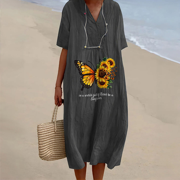 Christianartworkshop Butterfly & Sunflower Inspirational Quote V-Neck Short Sleeve Midi Dress - Black - 4XL - image 0