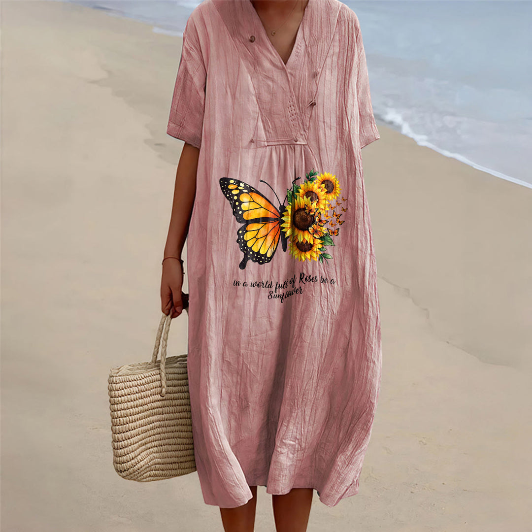 Christianartworkshop Butterfly & Sunflower Inspirational Quote V-Neck Short Sleeve Midi Dress - Pink - 4XL - image 8