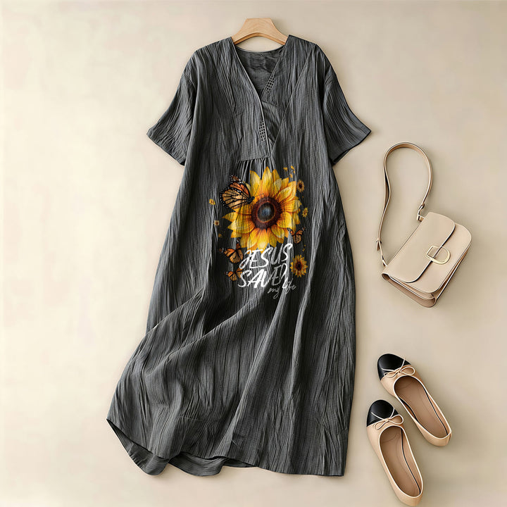 Christianartworkshop "Jesus Saved My Life" Sunflower & Butterfly V-Neck Short Sleeve Midi Dress - image 5