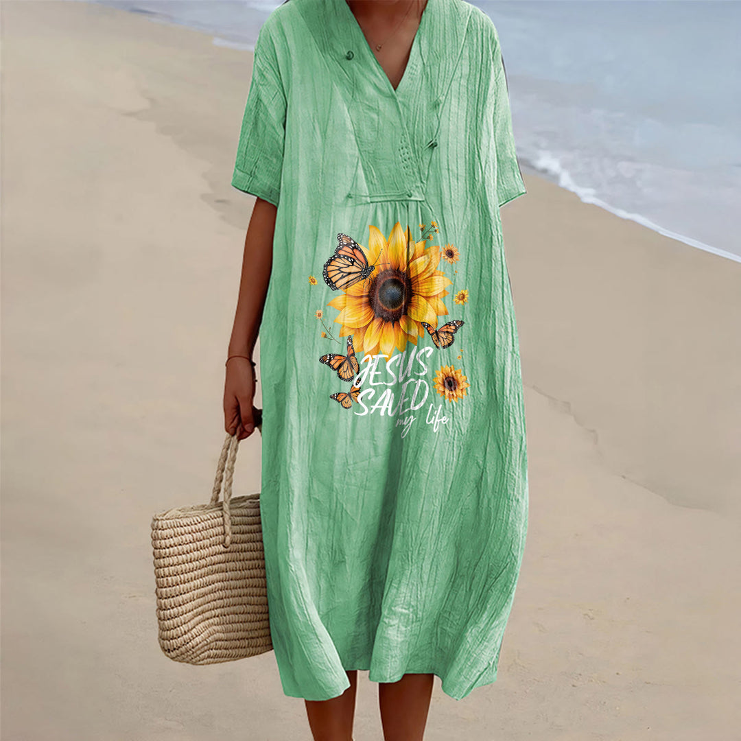 Christianartworkshop "Jesus Saved My Life" Sunflower & Butterfly V-Neck Short Sleeve Midi Dress - Green - 4XL - image 8