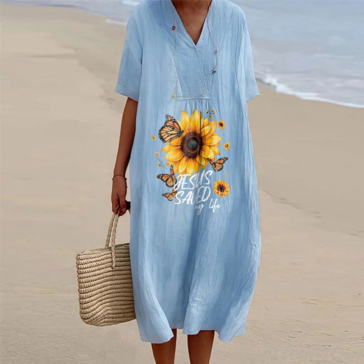 Christianartworkshop "Jesus Saved My Life" Sunflower & Butterfly V-Neck Short Sleeve Midi Dress - Blue - 4XL - image 6