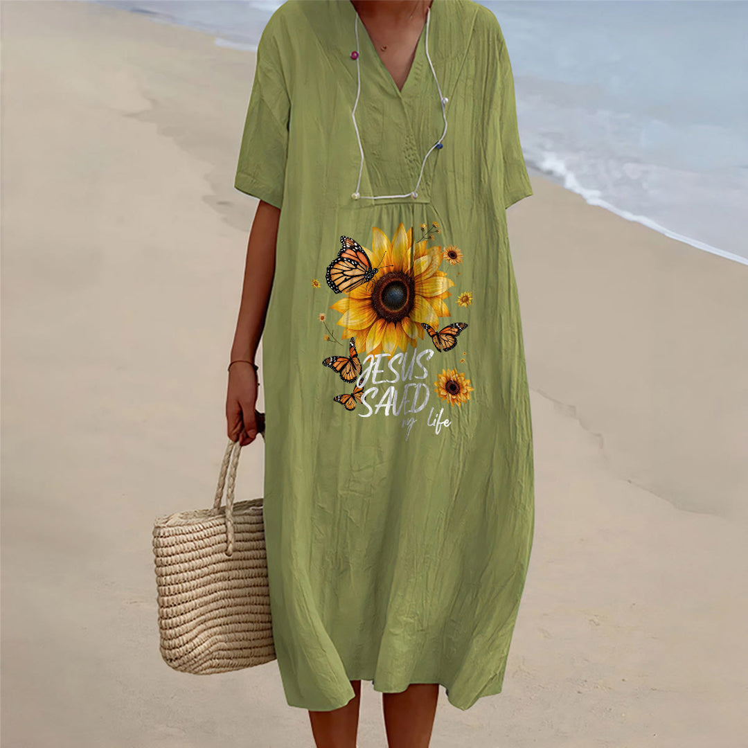 Christianartworkshop "Jesus Saved My Life" Sunflower & Butterfly V-Neck Short Sleeve Midi Dress - Olive Green - 4XL - image 0