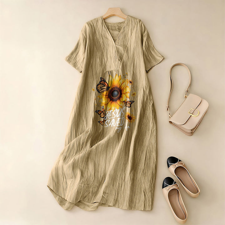 Christianartworkshop "Jesus Saved My Life" Sunflower & Butterfly V-Neck Short Sleeve Midi Dress - image 3