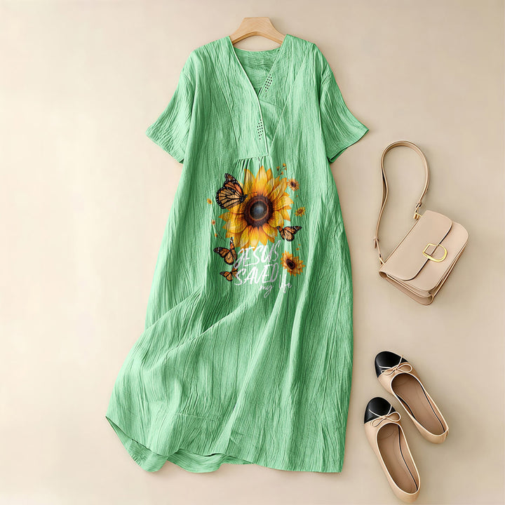 Christianartworkshop "Jesus Saved My Life" Sunflower & Butterfly V-Neck Short Sleeve Midi Dress - image 9