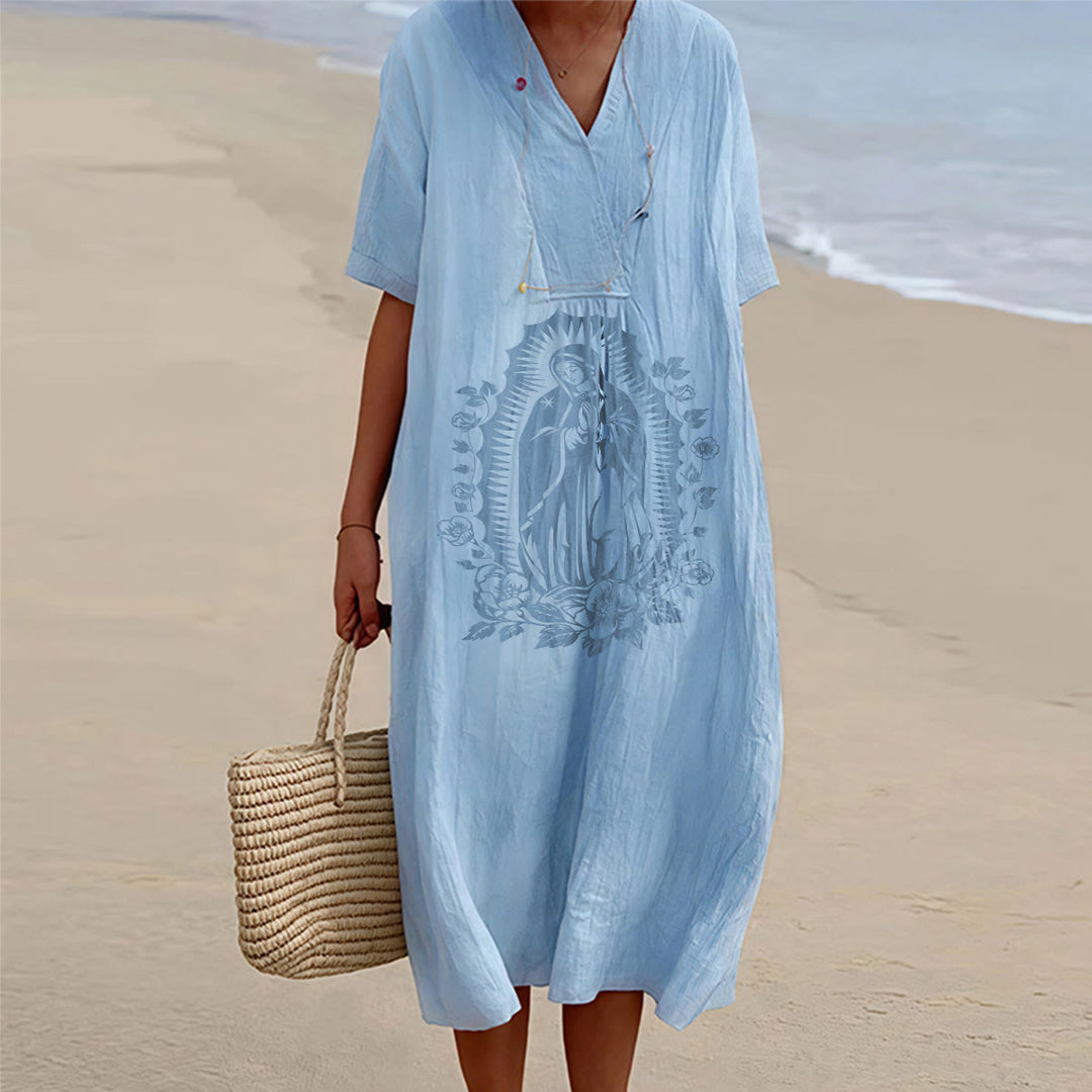 Christianartworkshop Our Lady of Guadalupe Silhouette V-Neck Short Sleeve Midi Dress - Blue - 4XL - image 0